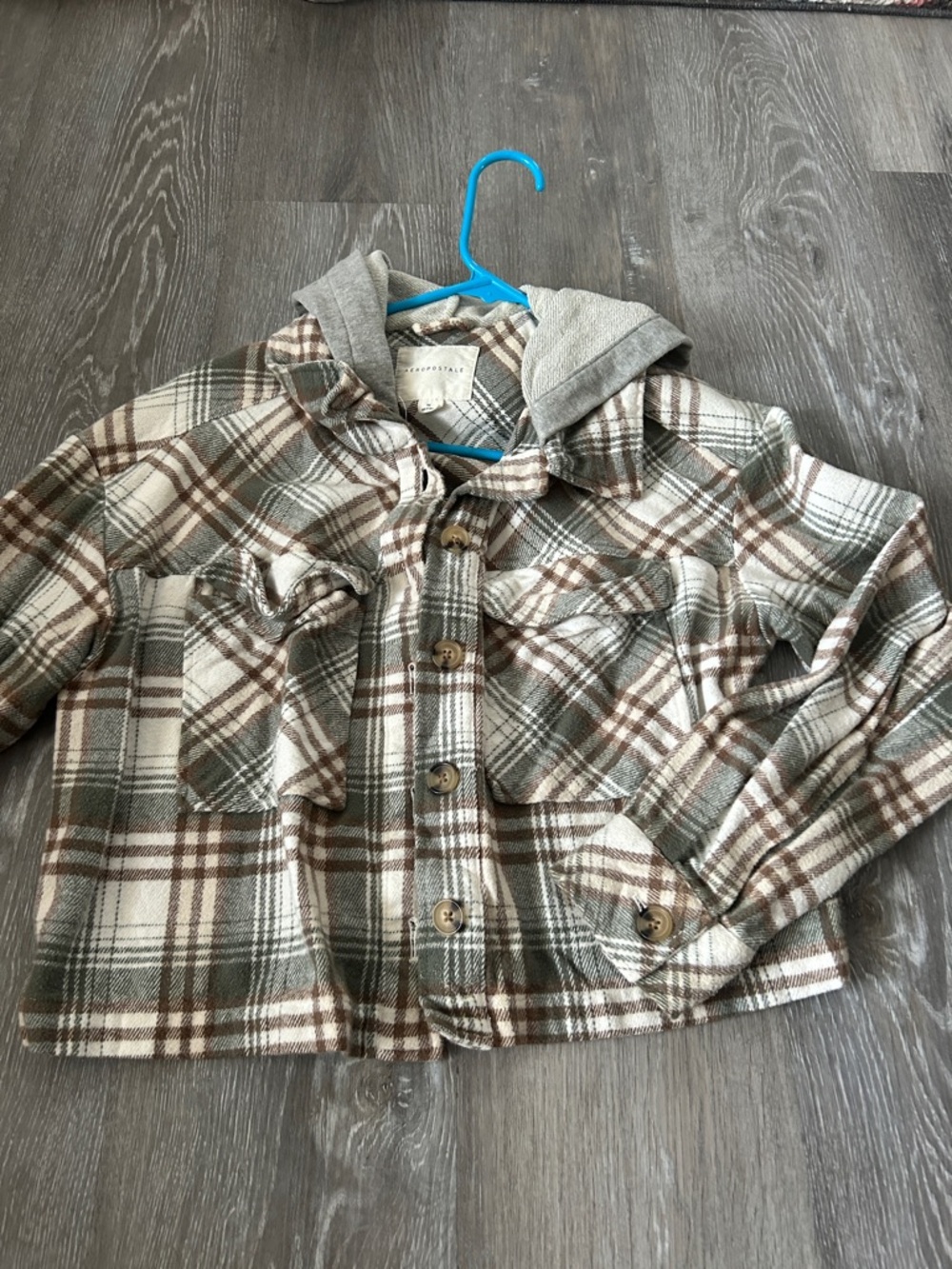 Aeropostale Plaid Hooded Jean Jacket in Brown, Cream & Gray